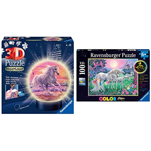 Ravensburger 3D Puzzle 11843 - Nachtlicht Puzzle-Ball Pferde am Strand - 72 Teile - ab 6 Jahren & Kinderpuzzle - 13670 Einhörner im Mondschein -Leuchtpuzzle ab 6 Jahren, mit 100 Teilen im XXL-Format von Ravensburger