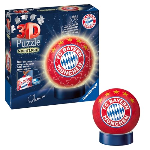 Ravensburger 3D Puzzle 12177 - Nachtlicht Puzzle-Ball FC Bayern München - 74 Teile - ab 6 Jahren, LED Nachttischlampe mit Klatsch-Mechanismus, Fußball Geschenke Jungen und Mädchen von Ravensburger