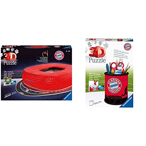 Ravensburger 3D Puzzle 12530 - Allianz Arena bei Nacht - 216 Teile & 3D Puzzle 11215 - Utensilo - FC Bayern München - 54 Teile von Ravensburger