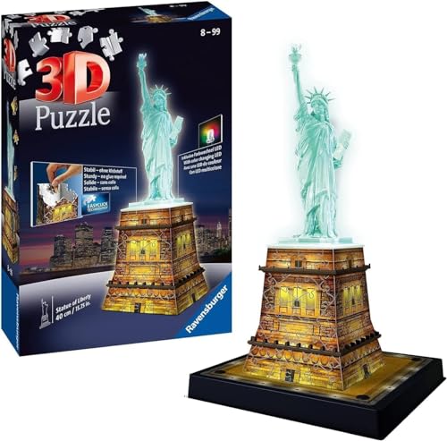 Ravensburger 3D Puzzle 12596 - Freiheitsstatue Night Edition - die weltbekannte Statue of Liberty als LED beleuchtetes Modell für zuhause - Sockel als 3D Puzzle - für Erwachsene und Kinder ab 8 Jahren von Ravensburger