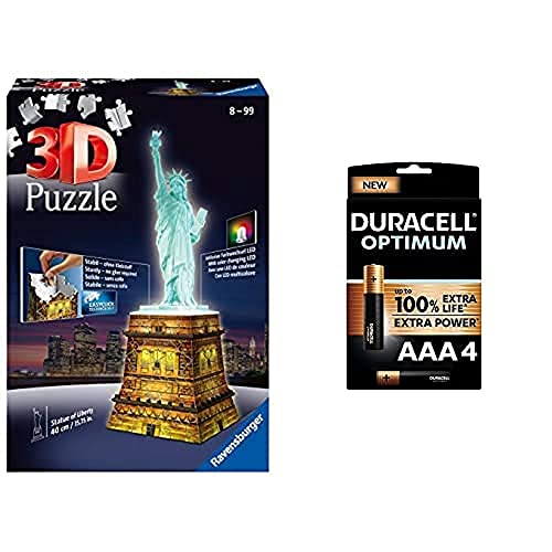 Ravensburger 3D Puzzle Freiheitsstatue bei Nacht, für Kinder und Erwachsene + Duracell NEU Optimum AAA Micro Alkaline Batterien, 1.5V LR03 MX2400, 4er-Pack von Ravensburger