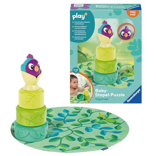 Ravensburger 4857 Play+ Baby-Stapel-Puzzle: Vogelnest, Montessori-Puzzle, Silikon, Saugnapf-Spielzeug für Baby ab 6 Monaten von Ravensburger