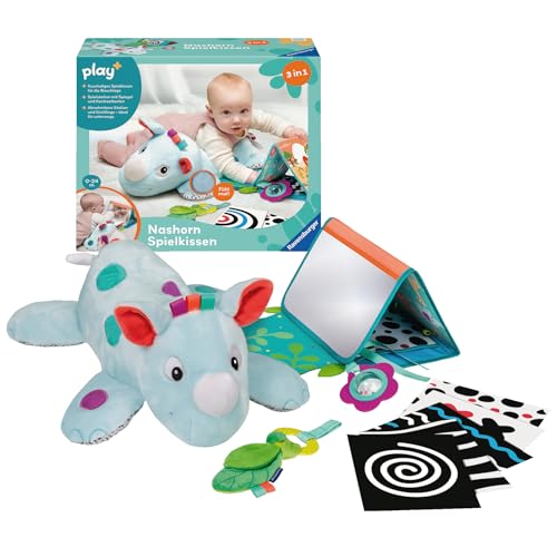 Ravensburger 4866 Play+ Nashorn Spielkissen, 4-teiliges Set, Tummy Time Spielzeug, Kuscheltier trainiert die Bauchlage, für Babys ab 0 Monaten von Ravensburger