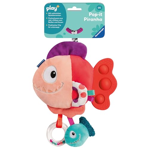 Ravensburger 4871 play+ Pop-it Piranha (rot), Kuscheltier mit vielen Spieleffekten, Baby-Spielzeug ab 0 Monaten von Ravensburger