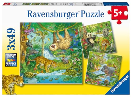 Ravensburger Kinderpuzzle - 05180 Im Urwald - Puzzle für Kinder ab 5 Jahren, mit 3x49 Teilen von Ravensburger