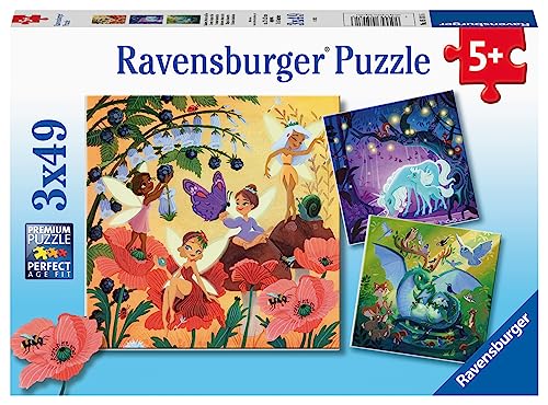 Ravensburger Kinderpuzzle - 05181 Einhorn, Drache und Fee - Puzzle für Kinder ab 5 Jahren, mit 3x49 Teilen von Ravensburger