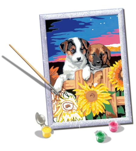 Ravensburger CreArt Serie D, Hunde mit Sonnenblumen, Malen nach Zahlen, Malset für Kinder, Thema Tiere, Rahmen inklusive, Lernspiel, Geschenkidee für Kinder 9+ Jahre, 26 x 20 cm von Ravensburger