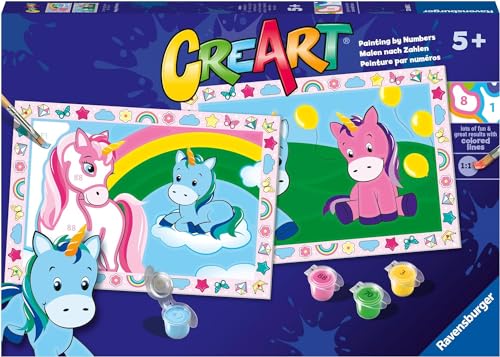 Ravensburger - CreArt Junior Serie: Lustige Einhörner, Malset nach Zahlen, enthält zwei vorgedruckte Tabellen, einen Pinsel, Farben, kreatives Spiel für Jungen und Mädchen 5+ Jahre Ravensburger - CreArt Junior Serie: Lustige Einhörner, Malset nach Zahlen, enthält zwei vorgedruckte Tabellen, einen Pinsel, Farben, kreatives Spiel für Jungen und Mädchen 5+ Jahre von Ravensburger