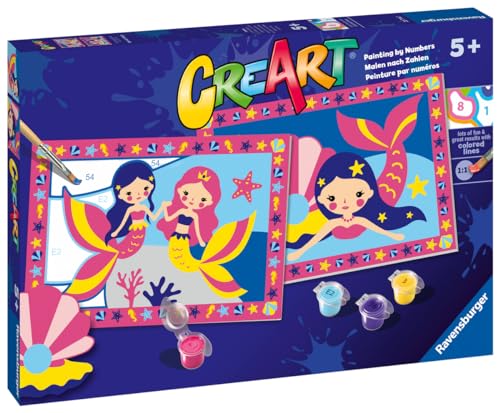 Ravensburger - CreArt Junior-Serie: Magische Meerjungfrau, Malset nach Zahlen, enthält zwei vorgedruckte Tabellen, einen Pinsel, Farben, kreatives Spiel für Jungen und Mädchen, 5+ Jahre von Ravensburger