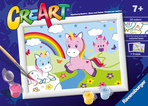 Ravensburger CreArt Serie E Classic: Einhörner mit Regenbogen, Malset nach Zahlen, enthält ein vorgedrucktes Brett, einen Pinsel, Farben und Zubehör, kreatives Spiel für Jungen und Mädchen ab 7 Jahren von Ravensburger