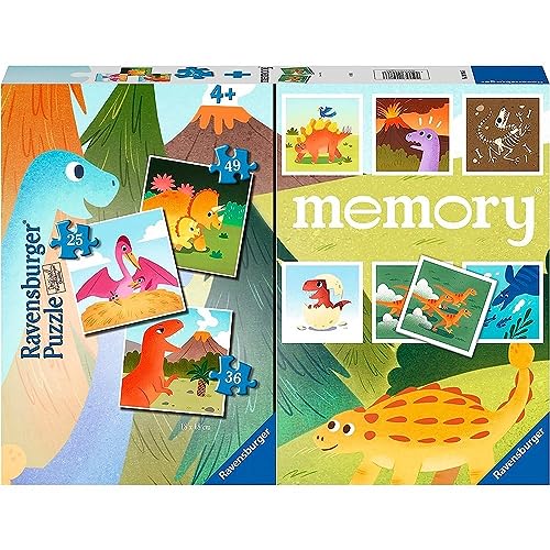 Ravensburger - Dinosaurier, Memory® 48 Karten + 3 Kinderpuzzle ab 25/36/49 Teile, 4+ Jahre Kinder ab 25/36/49 Teile, 4+ Jahre von Ravensburger