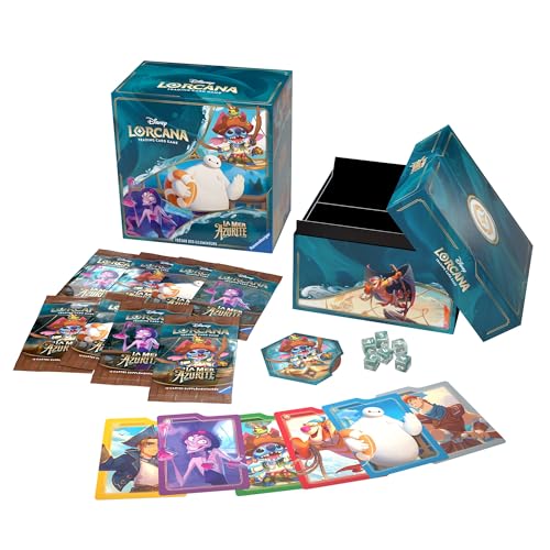 Ravensburger Disney Lorcana TCG Set 6 La Mer Azurite – Aufbewahrungsbox mit 6 Trennwänden – mit 8 Boostern, 6 Würfeln, 1 Lore Zähler mit Rad – französische Version von Ravensburger