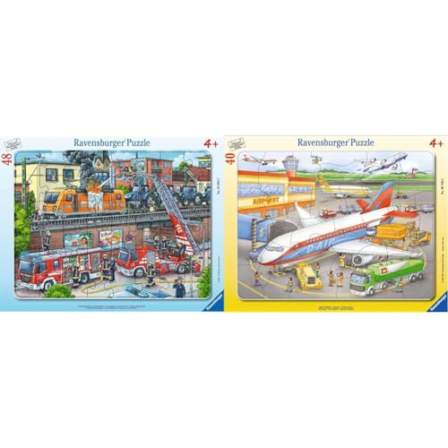 Ravensburger Kinderpuzzle - 05093 Feuerwehreinsatz an den Bahngleisen & Kinderpuzzle - 06700 Kleiner Flugplatz - Rahmenpuzzle für Kinder ab 4 Jahren, mit 40 Teilen von Ravensburger