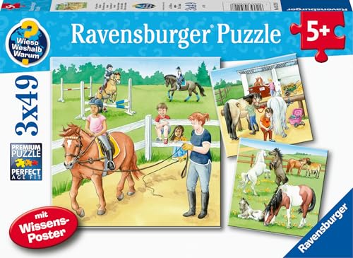 Ravensburger Kinderpuzzle - 05129 EIN Tag auf dem Reiterhof - 3x49 Teile Wieso? Weshalb? Warum? Puzzle für Kinder ab 5 Jahren von Ravensburger