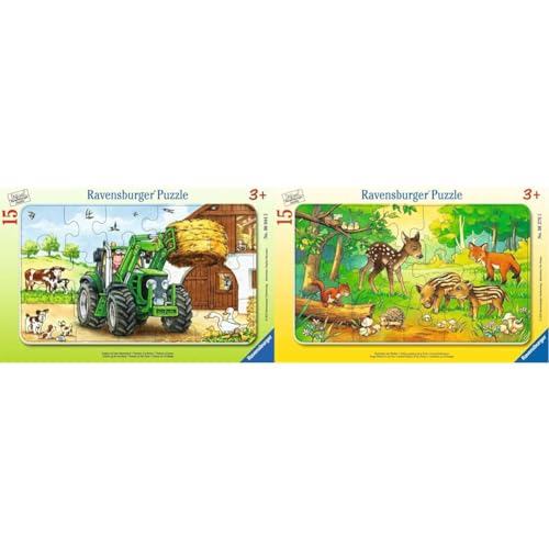 Ravensburger Kinderpuzzle - 06044 Traktor auf dem Bauernhof - Rahmenpuzzle für Kinder ab 3 Jahren, mit 15 Teilen & Kinderpuzzle - 06376 Tierkinder des Waldes - Rahmenpuzzle für Kinder ab 3 Jahren von Ravensburger