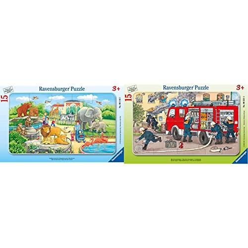 Ravensburger Kinderpuzzle - 06116 Ausflug in den Zoo - Rahmenpuzzle für Kinder ab 3 Jahren, mit 15 Teilen & 06321 Mein Feuerwehrauto - Rahmenpuzzle für Kinder ab 3 Jahren, mit 15 Teilen von Ravensburger