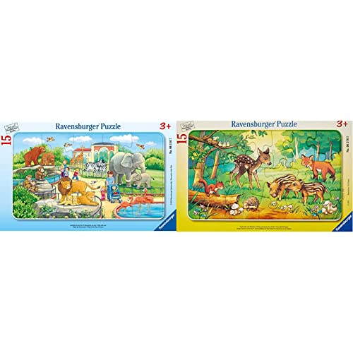 Ravensburger Kinderpuzzle - 06116 Ausflug in den Zoo - Rahmenpuzzle für Kinder ab 3 Jahren, mit 15 Teilen & 06376 Tierkinder des Waldes - Rahmenpuzzle für Kinder ab 3 Jahren, mit 15 Teilen von Ravensburger