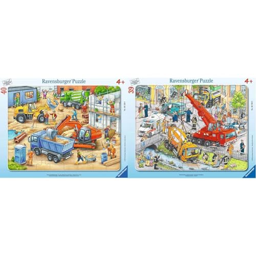 Ravensburger Kinderpuzzle - 06120 Große Baustellenfahrzeuge - Rahmenpuzzle für Kinder ab 4 Jahren & Kinderpuzzle - 06768 Rettungseinsatz - Rahmenpuzzle für Kinder ab 4 Jahren, mit 39 Teilen von Ravensburger