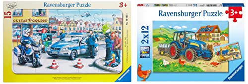 Ravensburger Kinderpuzzle - 07616 Baustelle und Bauernhof - Puzzle für Kinder ab 3 Jahren, mit 2x12 Teilen & Kinderpuzzle 06037 - Einsatz der Polizei - Rahmenpuzzle von Ravensburger