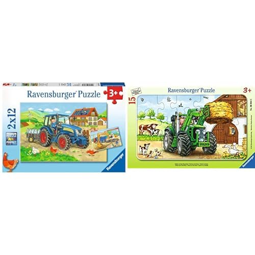 Ravensburger Kinderpuzzle - 07616 Baustelle und Bauernhof - Puzzle für Kinder ab 3 Jahren, mit 2x12 Teilen & Kinderpuzzle 06044 - Traktor auf dem Bauernhof - Rahmenpuzzle von Ravensburger