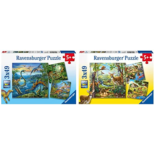 Ravensburger Kinderpuzzle - 09317 Faszination Dinosaurier - Puzzle für Kinder ab 5 Jahren, mit 3x49 Teilen & Kinderpuzzle - 09265 Wald-/Zoo-/Haustiere - Puzzle für Kinder ab 5 Jahren, mit 3x49 Teilen von Ravensburger