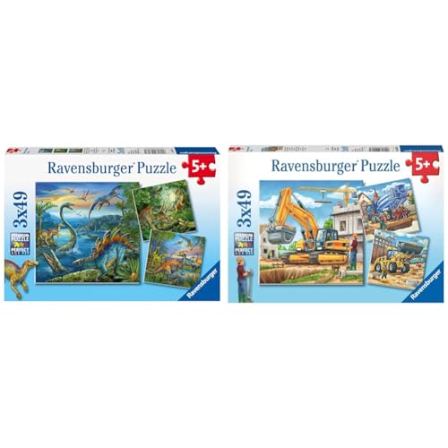 Ravensburger Kinderpuzzle - 09317 Faszination Dinosaurier & Kinderpuzzle - 09226 Große Baufahrzeuge - Puzzle für Kinder ab 5 Jahren, mit 3x49 Teilen von Ravensburger