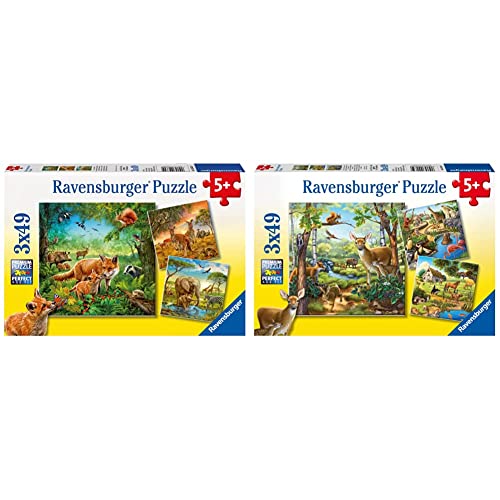 Ravensburger Kinderpuzzle - 09330 Tiere der Erde - Puzzle für Kinder ab 5 Jahren, mit 3x49 Teilen & Kinderpuzzle - 09265 Wald-/Zoo-/Haustiere - Puzzle für Kinder ab 5 Jahren, mit 3x49 Teilen von Ravensburger