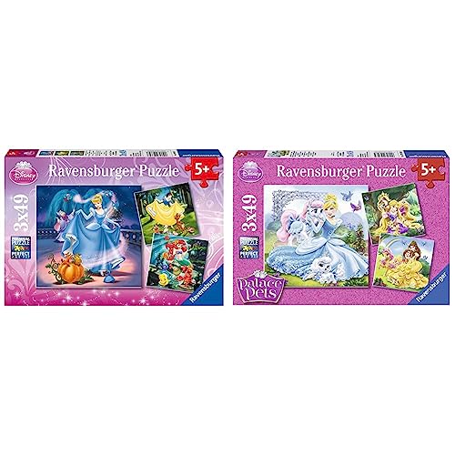 Ravensburger Kinderpuzzle - 09339 Schneewittchen, Aschenputtel & Kinderpuzzle - 09346 Palace Pets - Belle, Cinderella und Rapunzel - Puzzle für Kinder ab 5 Jahren, Disney-Puzzle mit 3x49 Teilen von Ravensburger