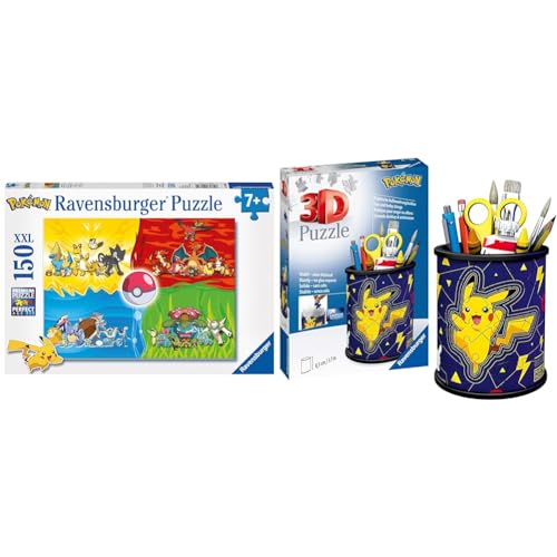 Ravensburger Kinderpuzzle 10035 - Pokémon Typen - 150 Teile XXL Pokémon Puzzle & 3D Puzzle 11257 - Utensilo Pokémon Pikachu - 54 Teile von Ravensburger