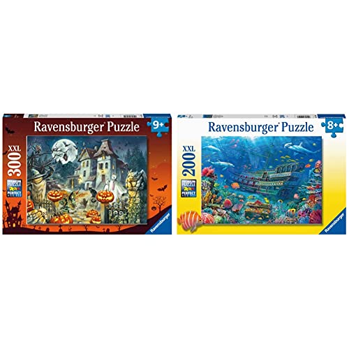 Ravensburger Kinderpuzzle - 13264 Das Halloweenhaus - Halloween-Puzzle, mit 300 Teilen im XXL-Format & 12944 Versunkenes Schiff - Unterwasserwelt-Puzzle, mit 200 Teilen im XXL-Format von Ravensburger