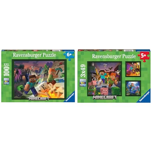 Ravensburger Kinderpuzzle 13333 - Monster Minecraft & Kinderpuzzle 05621 - Minecraft Biomes - 3x49 Teile Minecraft Puzzle für Kinder ab 5 Jahren von Ravensburger