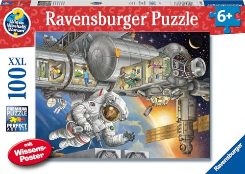 Ravensburger 13366 Kinderpuzzle 13366-Auf der Weltraumstation-Wieso Weshalb Warum Puzzle 100 Teile XXL + Wissensposter, für Weltraumfans ab 6 Jahren, White von Ravensburger