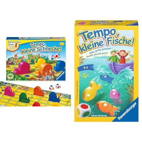 Ravensburger Kinderspiel 21420 - Tempo kleine Schnecke & 23334 - Tempo, kleine Fische, Mitbringspiel für 1-6 Spieler, Kinderspiel ab 3 Jahren, kompaktes Format, Reisespiel, Brettspiel von Ravensburger