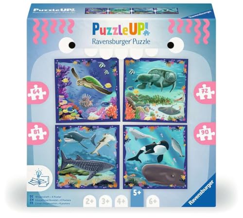 Ravensburger Puzzle UP 12004002 - Meerestiere - 4 Puzzles mit 64, 72, 81, 90 Teilen zum Kombinieren und mit extra Wissensheft, Tier-Puzzle ab 5 Jahren von Ravensburger