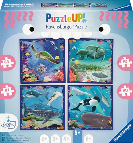 Ravensburger Puzzle UP 12004002 - Meerestiere - 4 Puzzles mit 64, 72, 81, 90 Teilen zum Kombinieren und mit extra Wissensheft, Tier-Puzzle ab 5 Jahren von Ravensburger