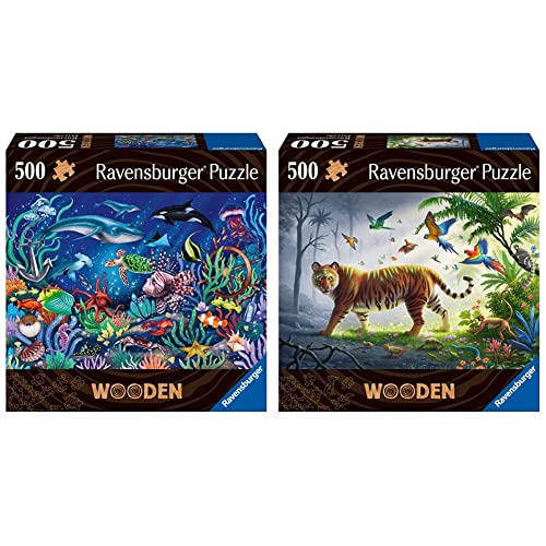 Ravensburger WOODEN Puzzle 17515 - Unten im Meer - 500 Teile Holzpuzzle für Kinder und Erwachsene ab 14 Jahren & WOODEN Puzzle 17514 - Tiger im Dschungel - 500 Teile Holzpuzzle (Whimsies) von Ravensburger