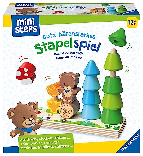 Ravensburger ministeps 4580 Butz' bärenstarkes Stapelspiel, Stapelbrett aus Holz mit Türmchen von 1-5 Teilen, Baby-Spielzeug ab 1 Jahr, White von Ravensburger