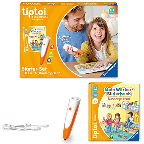 Ravensburger tiptoi Stift und Wörter-Bilderbuch Kindergarten - Lernspielzeug für Kinder ab 3 Jahren - Stylus mit überragender Audioqualität, Akku und Soft-Grip-Hülle - Grün, Orange, Silber - 00113 von Ravensburger