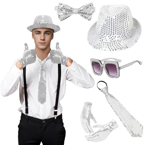 70er 80er Jahre Disco Karneval Outfit Herren Damen Accessories, Pailletten Hut Sliver Set, Sonnenbrille, Glitzer Krawatte und Hosenträger Herren für Faschingskostüme, Jazz Dance Performence (Silver) von Raveparty