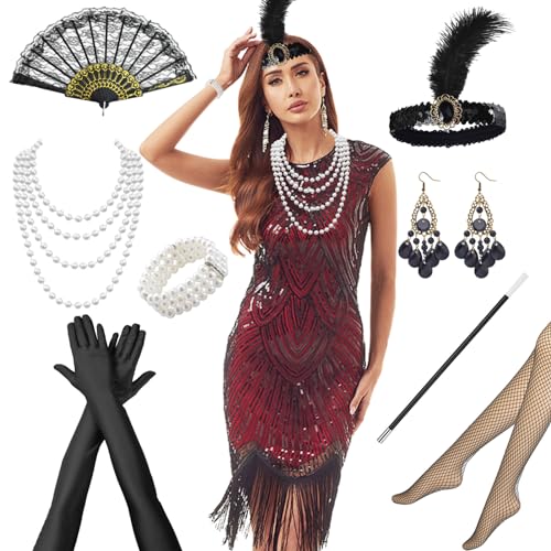 Raveparty 20er Jahre Kostüm Damen, Zeitreise Kostüm Damen, 1920er Accessoires, Great Gatsby Accessoires Damen, Charleston Kleid 20er Jahre, Karneval Faschingskostüme (A, XXL) von Raveparty