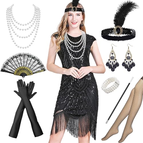 Raveparty 20er Jahre Kostüm Damen, Zeitreise Kostüm Damen, 1920er Accessoires, Great Gatsby Accessoires Damen, Charleston Kleid 20er Jahre, Karneval Faschingskostüme (B, L) von Raveparty