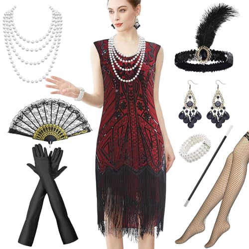 Raveparty 20er Jahre Kostüm Damen, Zeitreise Kostüm Damen, 1920er Accessoires, Great Gatsby Accessoires Damen, Charleston Kleid 20er Jahre, Karneval Faschingskostüme (C, L) von Raveparty