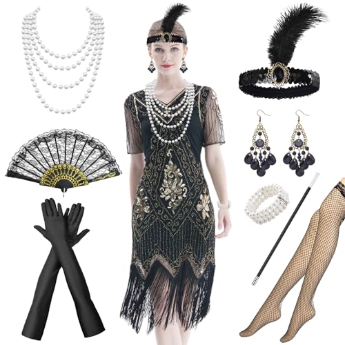 Raveparty 20er Jahre Kostüm Damen, Zeitreise Kostüm Damen, 1920er Accessoires, Great Gatsby Accessoires Damen, Charleston Kleid 20er Jahre, Karneval Faschingskostüme (D, L) von Raveparty