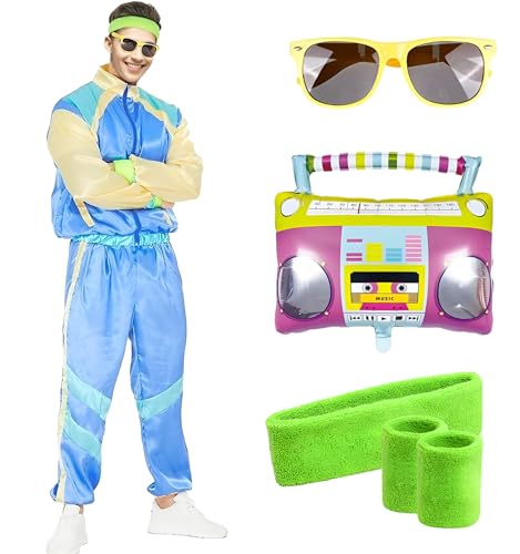 Raveparty 80er Jahre Outfit Herren Damen, 80er Trainingsanzug, Jogginganzug 80er Jahre, 80er Jahre Trainingsanzug Anzug 80er Accessoire, 80er Jahre Outfit, Faschingskostüme, Karneval von Raveparty