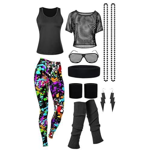 Raveparty 90er 80er Jahre Outfit Damen, Aerobic Outfit 80er Damen, 80er Jahre Accessoire, Netzshirt, Karneval Kostüm Damen, für 80er Neon Accessoires Thema Party Karneval Damen. (Style A, M) von Raveparty