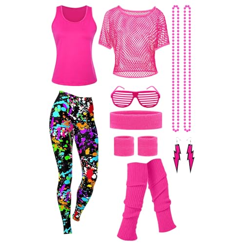 Raveparty 90er 80er Jahre Outfit Damen, Aerobic Outfit 80er Damen, 80er Jahre Accessoire, Netzshirt, Karneval Kostüm Damen, für 80er Neon Accessoires Thema Party Karneval Damen. (Style C, 2XL) von Raveparty