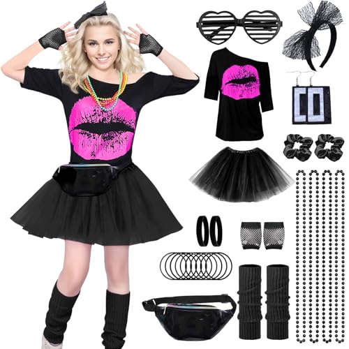 Raveparty 90er 80er Jahre Outfit Damen, T-Shirt, Stirnband, Ohrring, Halskette, 80er Jahre Accessoire, Karneval Kostüm Damen, für 80er Neon Accessoires Thema Party Karneval Damen (Style D, M) von Raveparty