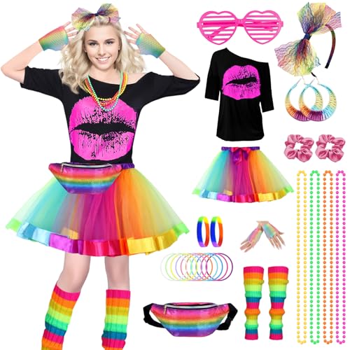 Raveparty 90er 80er Jahre Outfit Damen, T-Shirt, Stirnband, Ohrring, Halskette, 80er Jahre Accessoire, Karneval Kostüm Damen, für 80er Neon Accessoires Thema Party Karneval Damen (Style E, M) von Raveparty