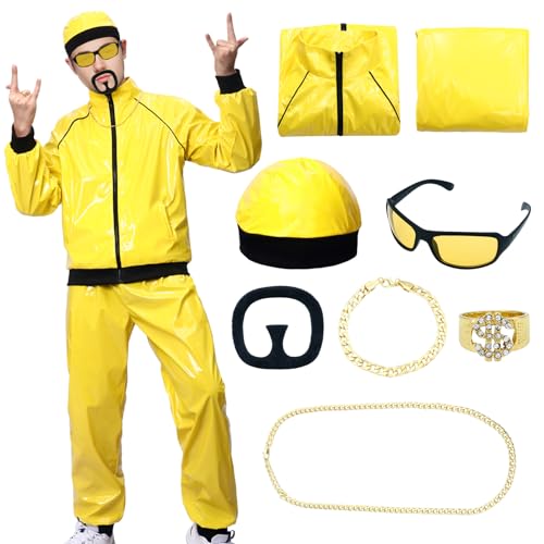 Raveparty 90er Jahre Faschingskostüme, Ali g Kostüm 90er Rapper Celebrity Kostüm für Erwachsene Hip Hop Kostüm mit Hut Halskette Bart Brille Ring für Karneval Halloween Party von Raveparty