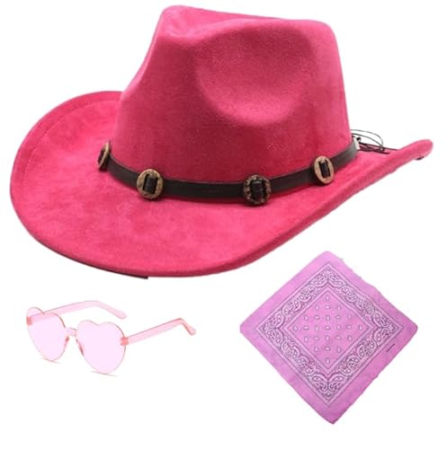 Raveparty Cowgirl-Hut, Rosa Cowboyhut Damen Cowgirl-Hüte mit rosa Hijab Herz Sonnenbrille für Damen Cowboyhüte Pferdeshows Karneval Halloween (Stil 1) von Raveparty